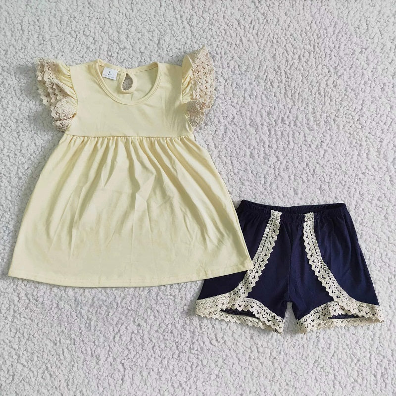 A13-21 Yellow solid color lace blue shorts set