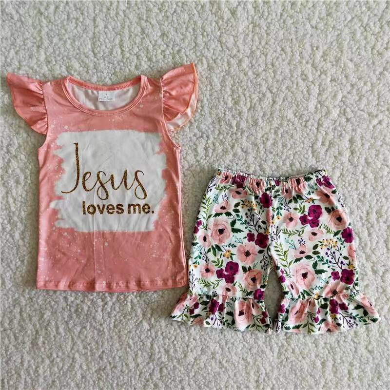 A14-12 loves me pink flying sleeve flower shorts set