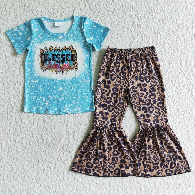 A14-24 Blue Short Sleeve Leopard Print Wide Leg Pants Set