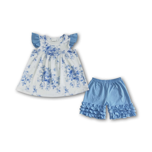 A14-9 Blue floral shorts set with small flying sleeves D 5.8