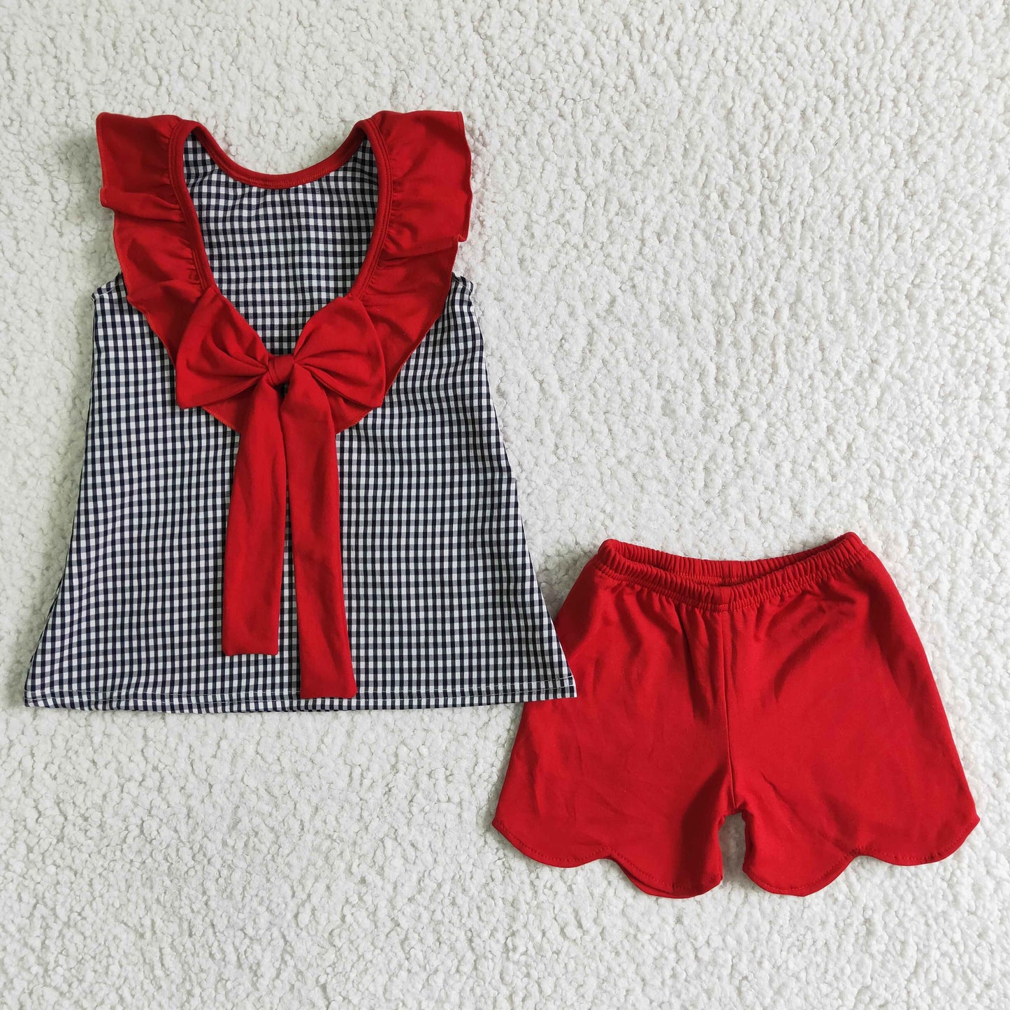 A15-5 black gingham patriotic cartoon mouse embridery shorts set