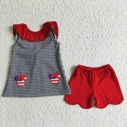 A15-5 black gingham patriotic cartoon mouse embridery shorts set