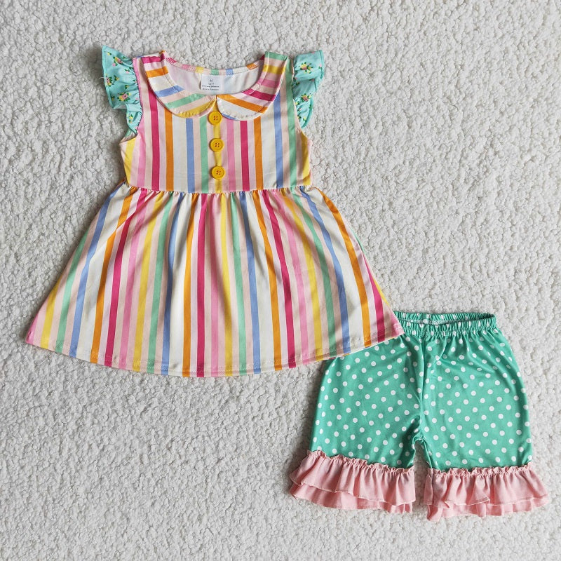A15-9 Colorful Striped Ruffle Shorts Set
