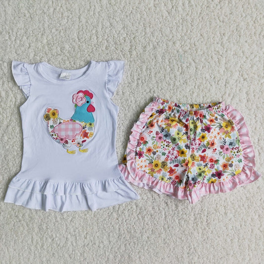 A16-10 Embroidered Chicken White Top Floral Shorts Set