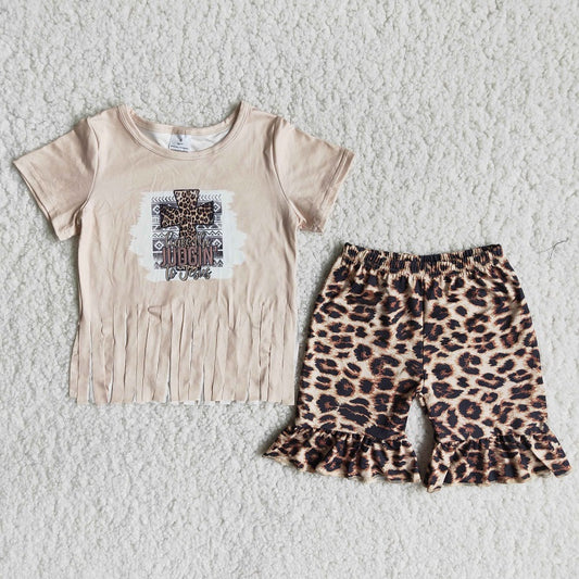 A16-11 Tassel cross leopard print shorts set