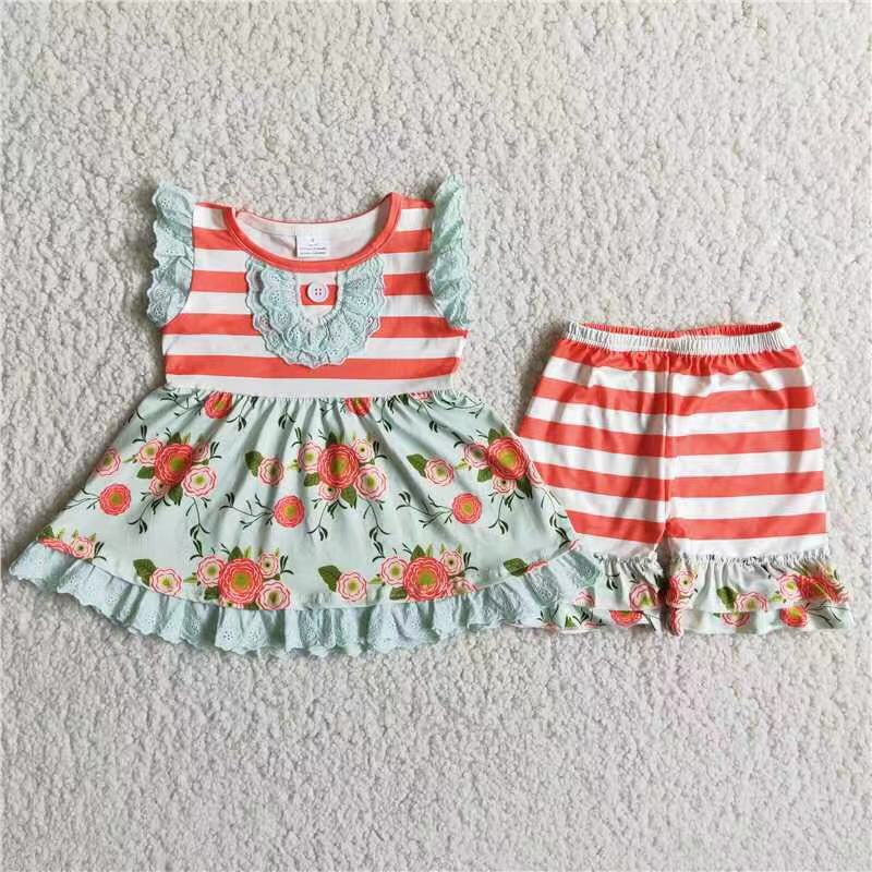 A17-3 Orange striped flower sleeveless top striped shorts suit