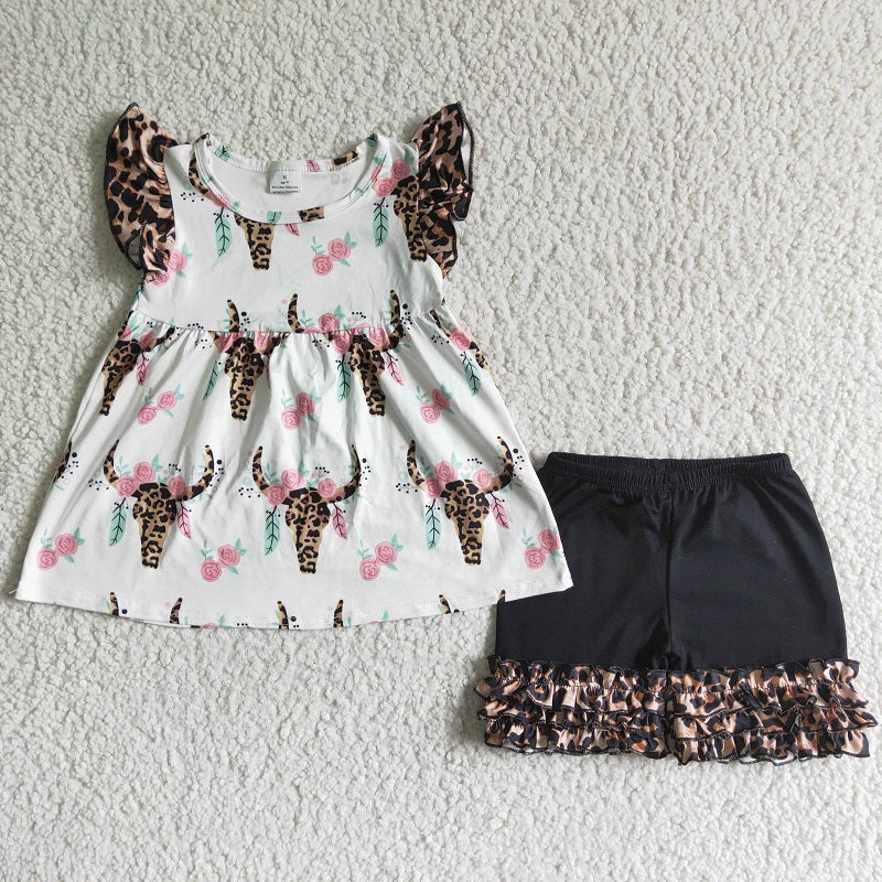 A18-1 flutter sleeve leopard skull cows black shorts set