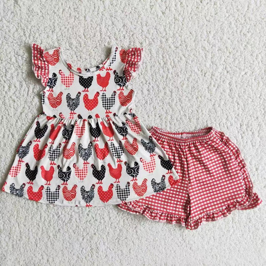 A3-22 Red plaid shorts with rooster pattern set