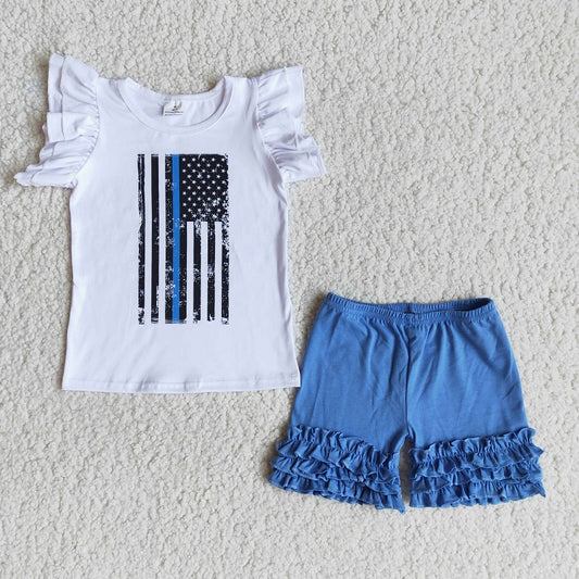 A7-12 National Day White Top National Flag Sleeve Blue Shorts set