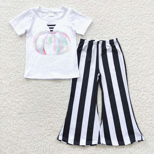 A7-5 Watercolor pumpkin black and white striped pants suit D 901