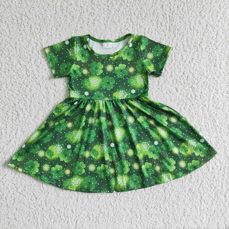 A8-10 Green leaf clover short sleeve dress