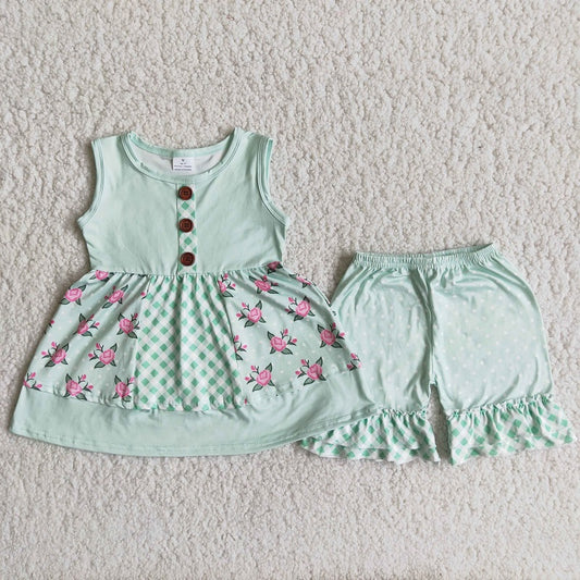 A8-16 Light green sleeveless button-up floral top and polka dot shorts set