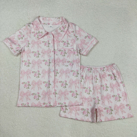 GSSO1779 Adult Women Pink Bows Flowers Buttons Tops Shorts Pajamas