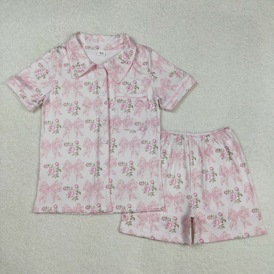 GSSO1779 Adult Women Pink Bows Flowers Buttons Tops Shorts Pajamas