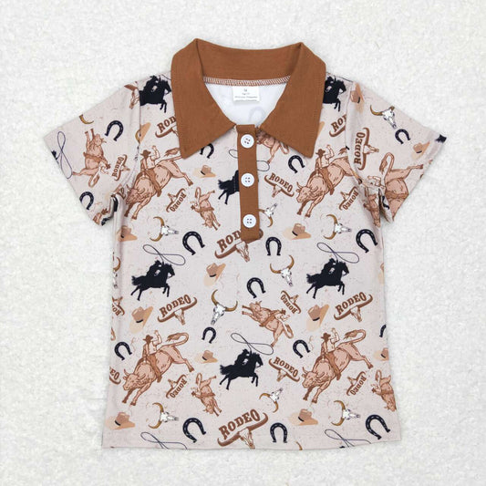 BT0429 rodeo riding cow head pocket brown button short-sleeved top