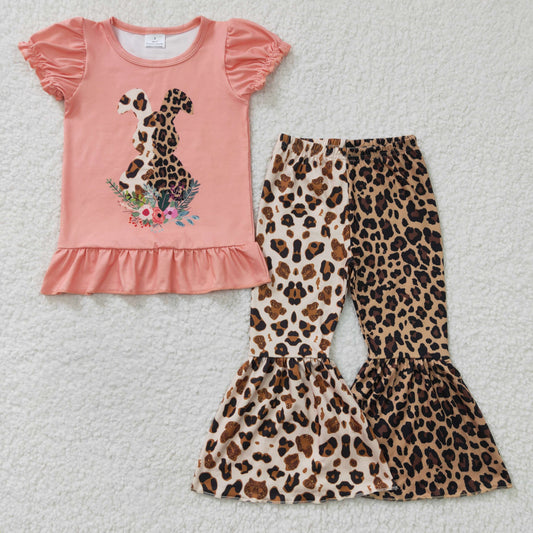 holiday easter leopard bunny girl bell bottom pants set