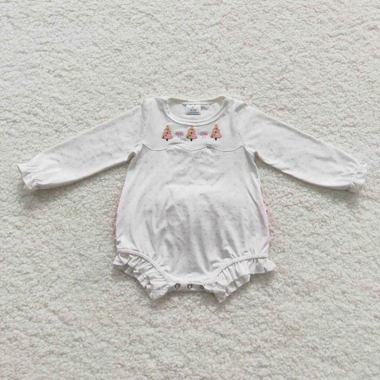 LR0392 Embroidered Christmas Tree Bow Polka Dot Pastel White Long Sleeve Bodysuit