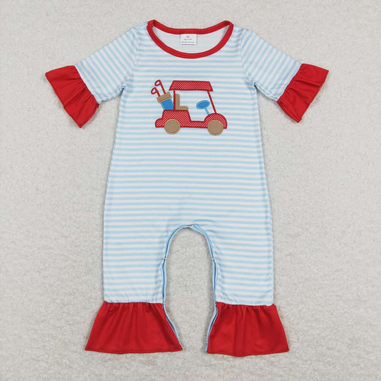 SR0699 Embroidered golf cart blue and white striped red lace short-sleeved jumpsuit