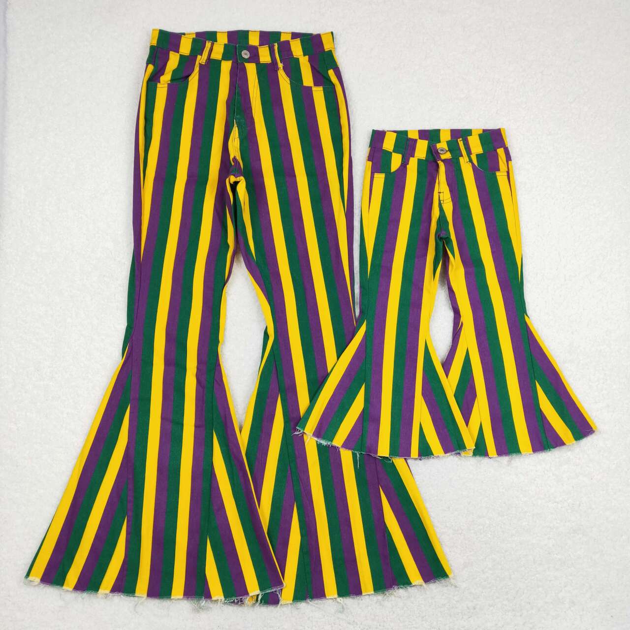 mardi gras pants, green purple yellow stripe denim pants, girls jeans,flare bottom