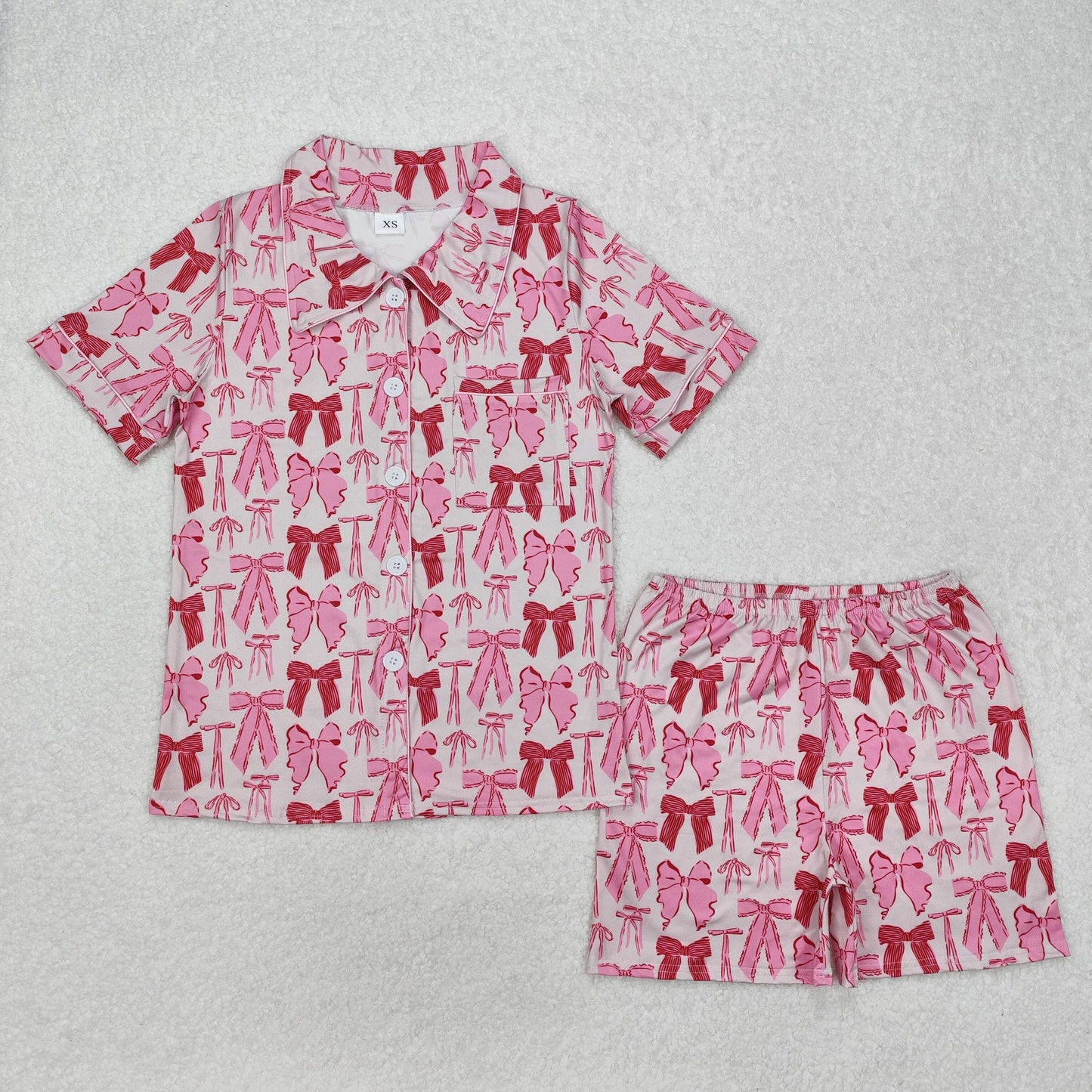 GSSO1717 Adult Women Pink Bow Pattern Short Sleeve Shorts Pajama Set