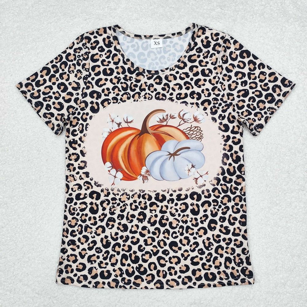 GT0689 Adult Women Leopard Pumpkin Fall Short Sleeve Tee Shirts Tops