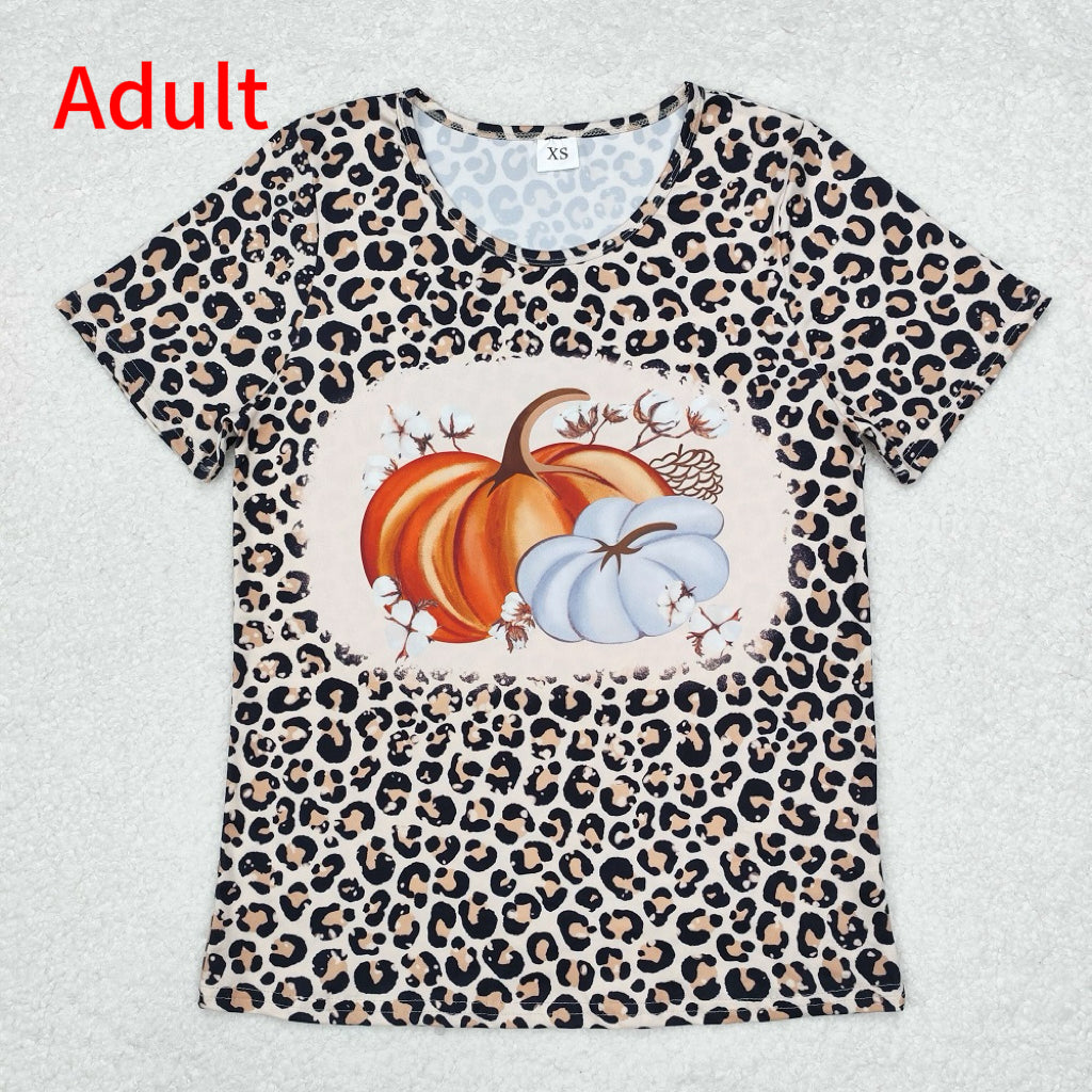 GT0689 Adult Women Leopard Pumpkin Fall Short Sleeve Tee Shirts Tops