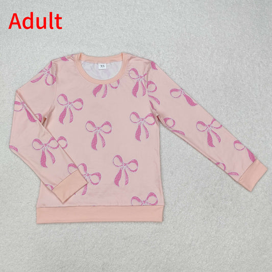 GT0878 Adult Women Pink Bows Long Sleeve Tee Shirts Tops