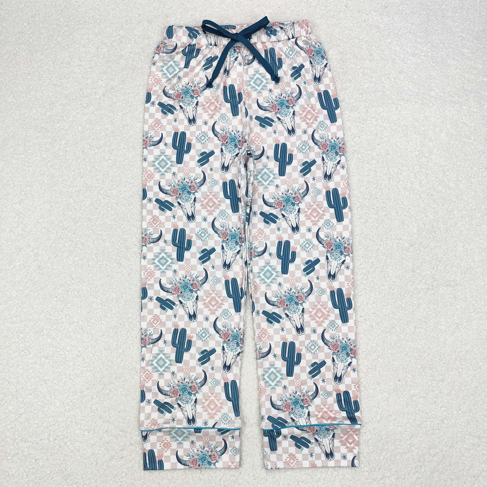 P0584 Adult Women Cactus Mountain Bull Head Geometric Plaid Pants