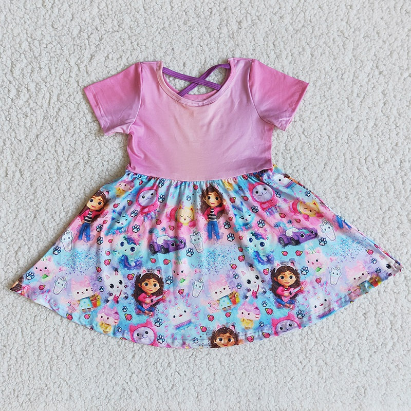 B1-3 Cartoon Cat Pink Short Sleeve Dress