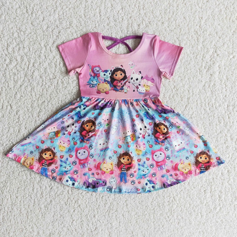 B1-3 Cartoon Cat Pink Short Sleeve Dress