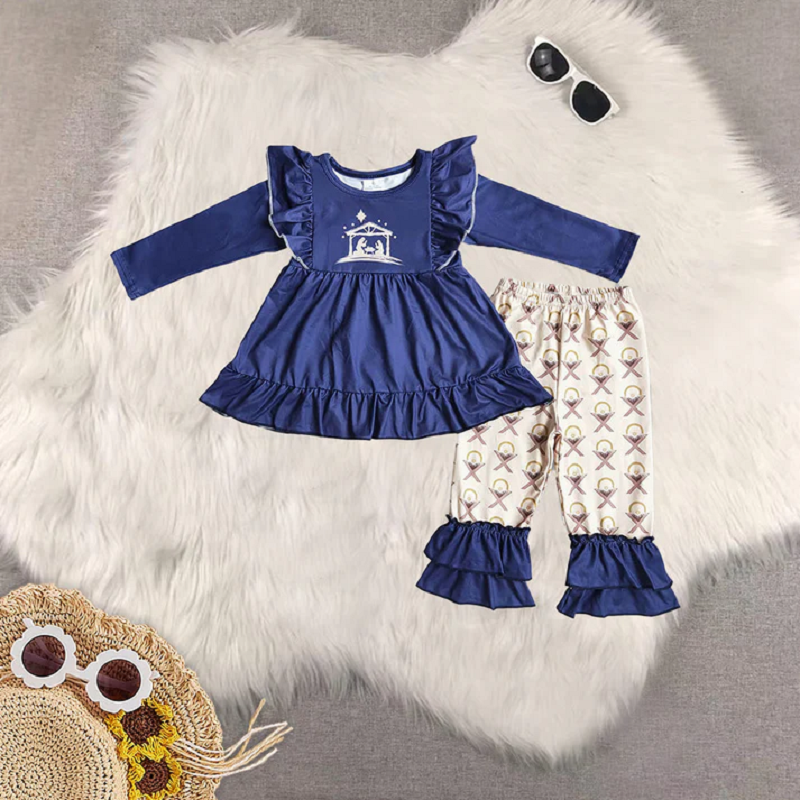 Sibling Girls Baby Girls Christmas Nativity Tunic Ruffle Pant Clothes Sets  D 919