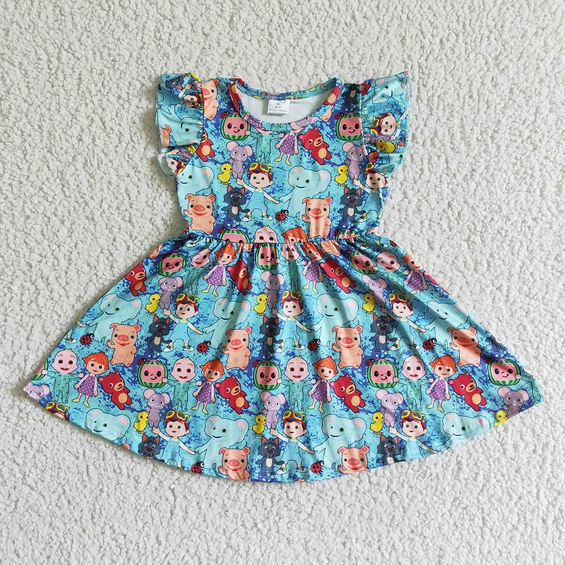 B14-11 Smile Watermelon Boy Blue Flying Sleeve Dress