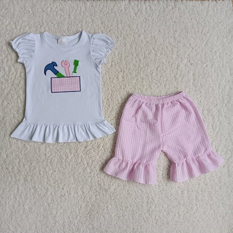 B3-1 Embroidery Tools Pink Check Shorts Set