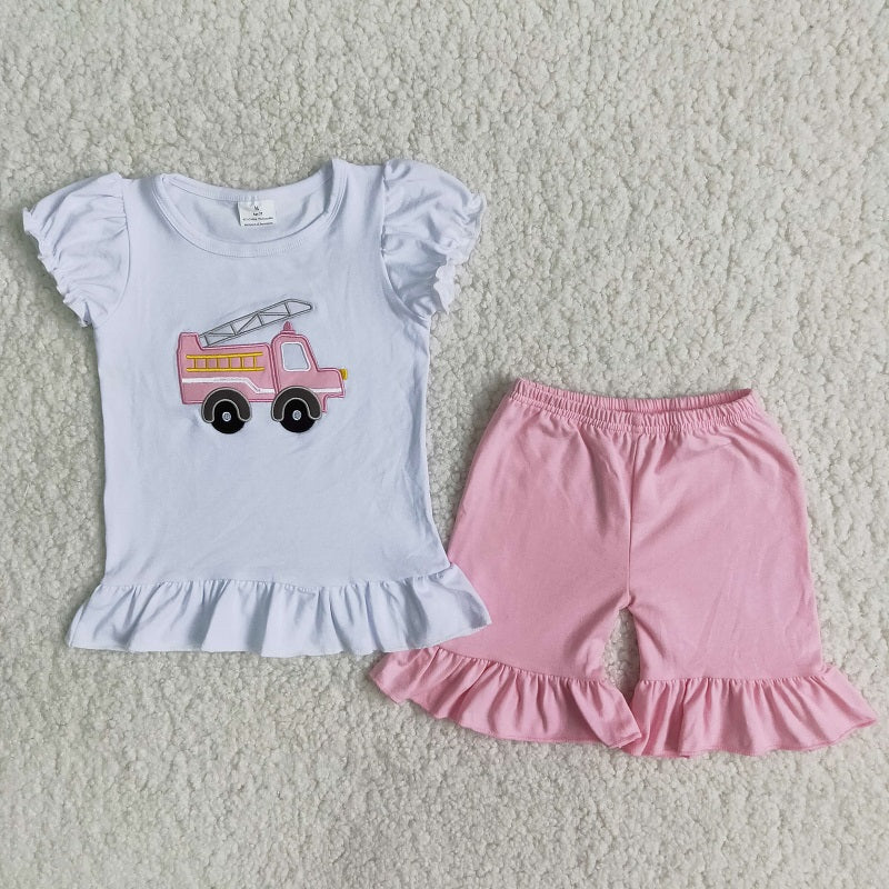 B3-4 Embroidered fire truck cotton top girls suit