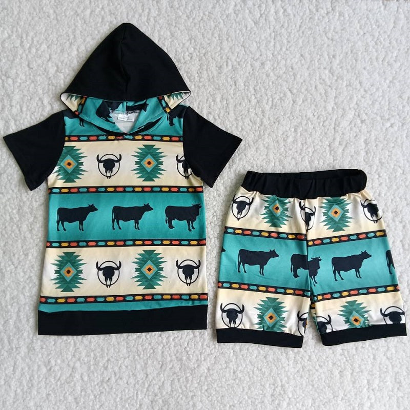 B4-1 Cow Pattern Boys Hoodie Set