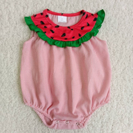 B5-11 Woven watermelon red striped romper D 6.13