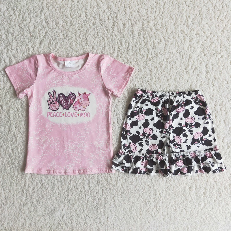 B5-3 Pink Short Sleeve Cow Spot Shorts Set