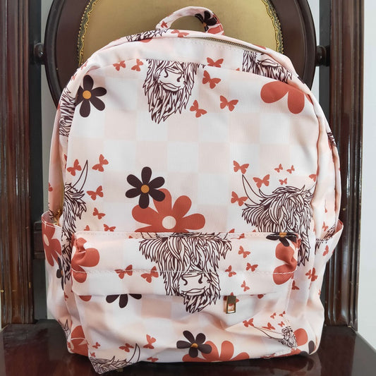 BA0074 Alpine cow head flower pink plaid backpack