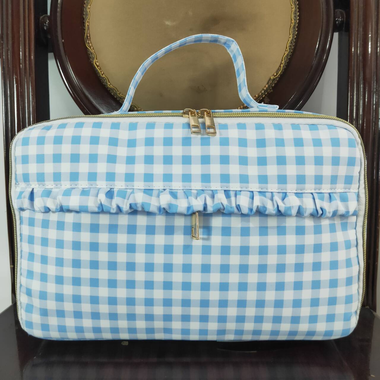 BA0089 Blue and white plaid lunch box bag