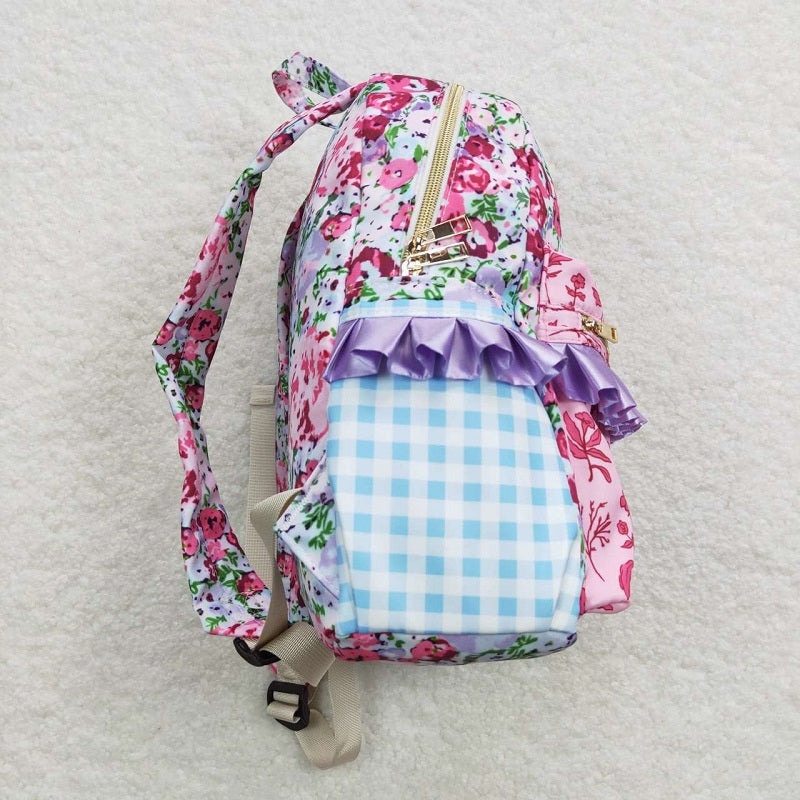 BA0099 Blue and purple flower lace plaid backpack