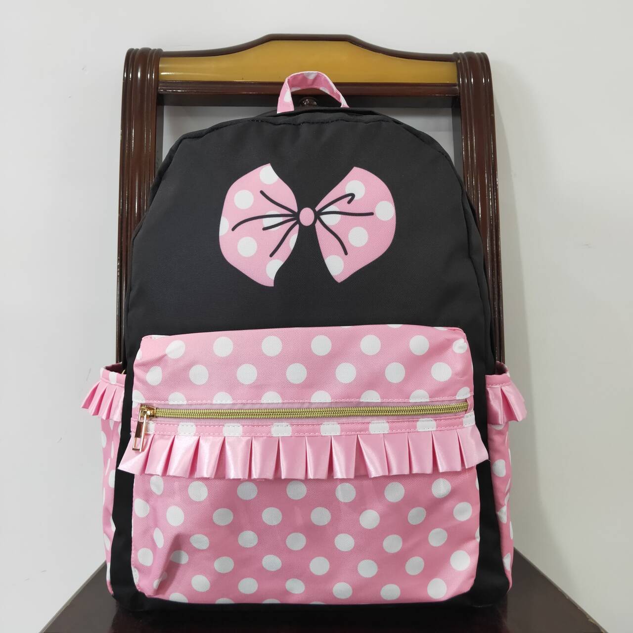 BA0183 Cartoon polka dot pink and black backpack