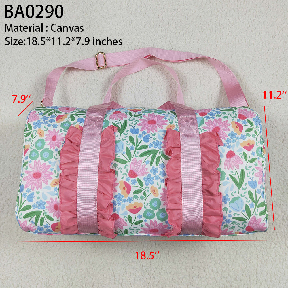 BA0290  Pink Ruffle Floral Print Gym Duffle Bags D 7.5