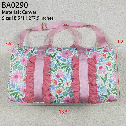 BA0290 Pink Ruffle Floral Print Gym Duffle Bags D 7.5