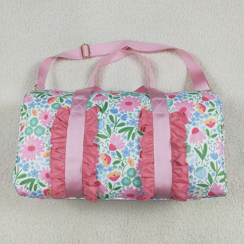 BA0290  Pink Ruffle Floral Print Gym Duffle Bags D 7.5