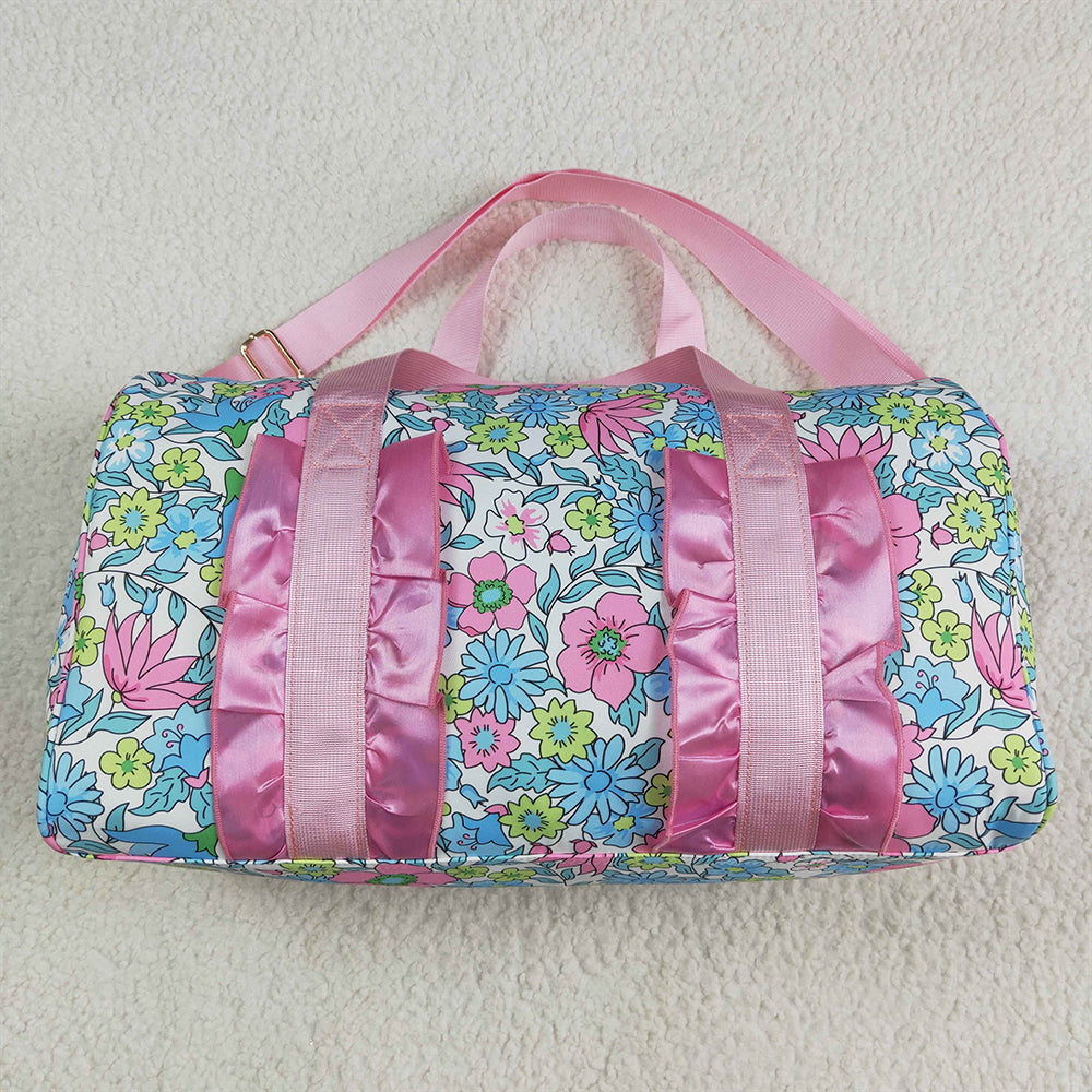 BA0291  Pink Ruffle Blue Floral Print Gym Duffle Bags D 4.24