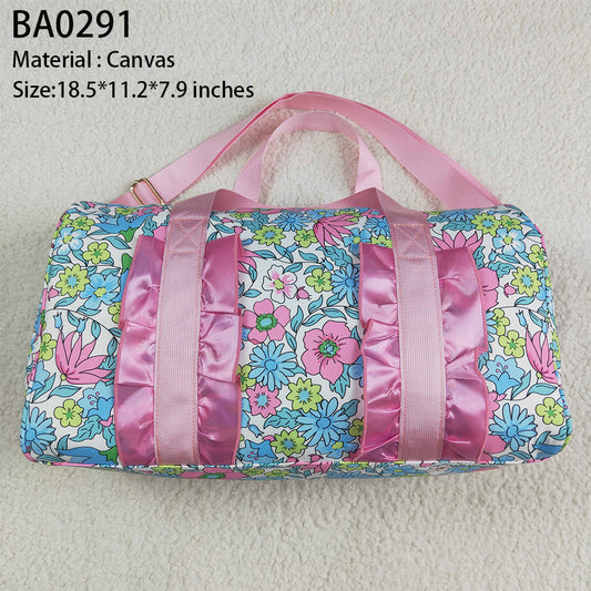 BA0291 Pink Ruffle Blue Floral Print Gym Duffle Bags D 4.24