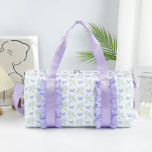 presale BA0293 Lavender Ruffle Butterfly Floral Print Gym Duffle Bags D 3.3