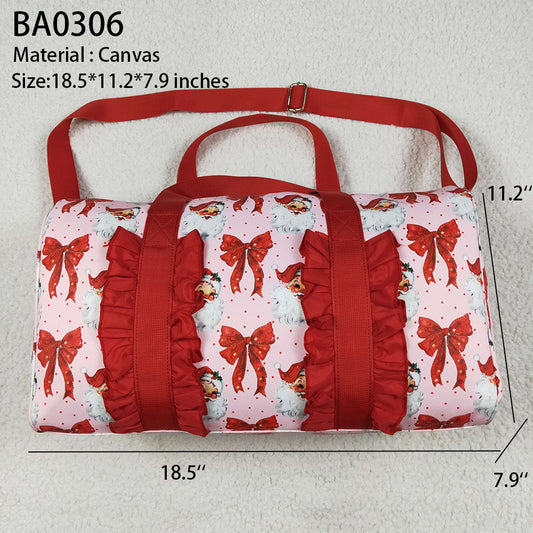 BA0306 Christmas Red Ruffle Bows Santa Print Zipper Gym Bags  D 7.5