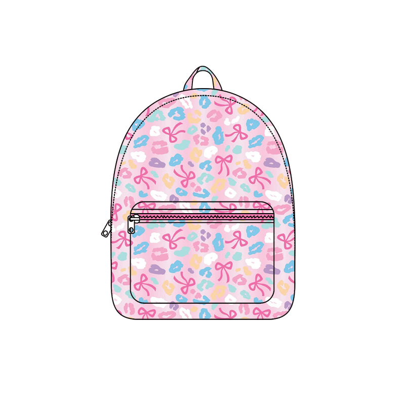 BA0319 Baby Kids Pink Leopard Bows School Zipper Ruffle Back Bags  D 8.2