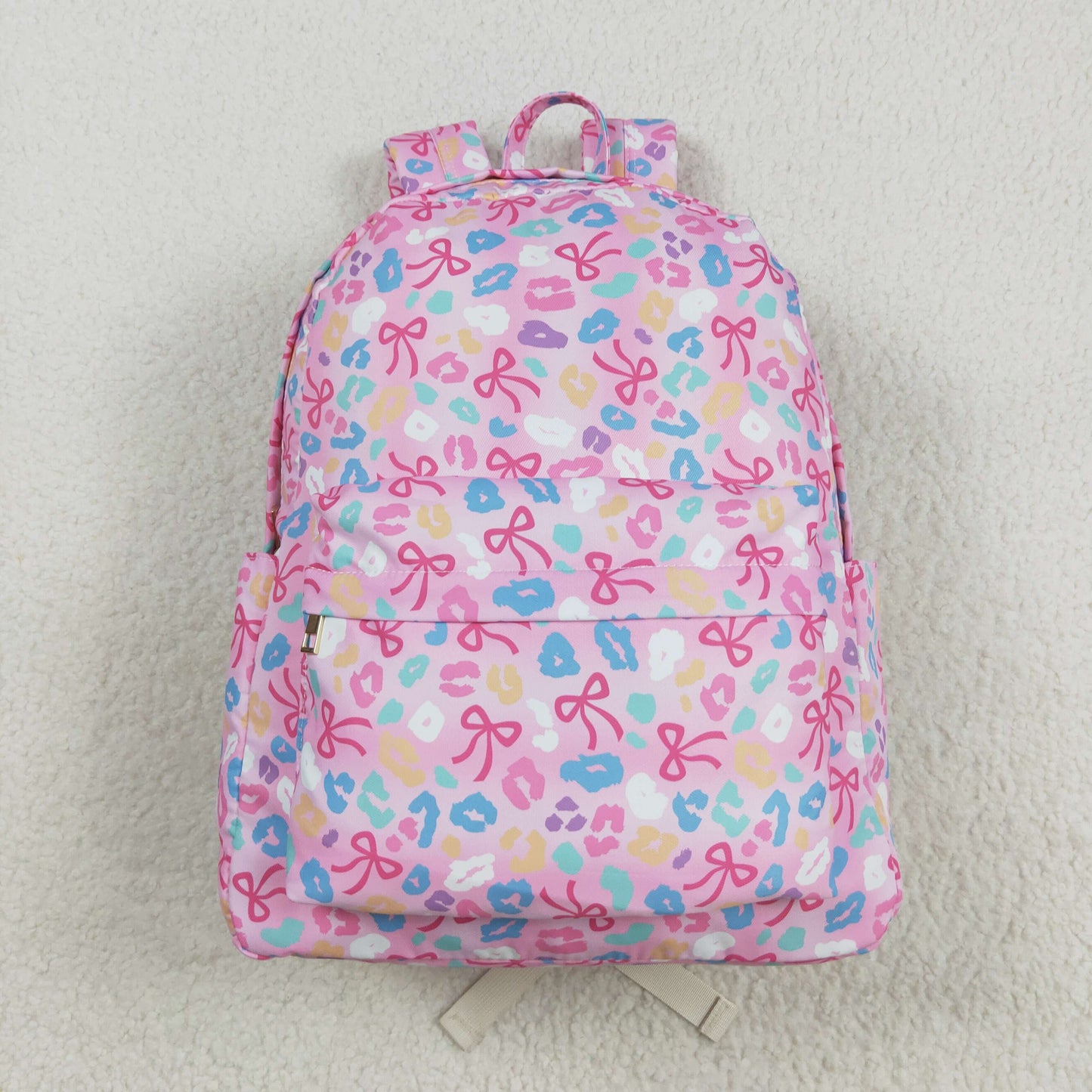 BA0319 Baby Kids Pink Leopard Bows School Zipper Ruffle Back Bags  D 8.2